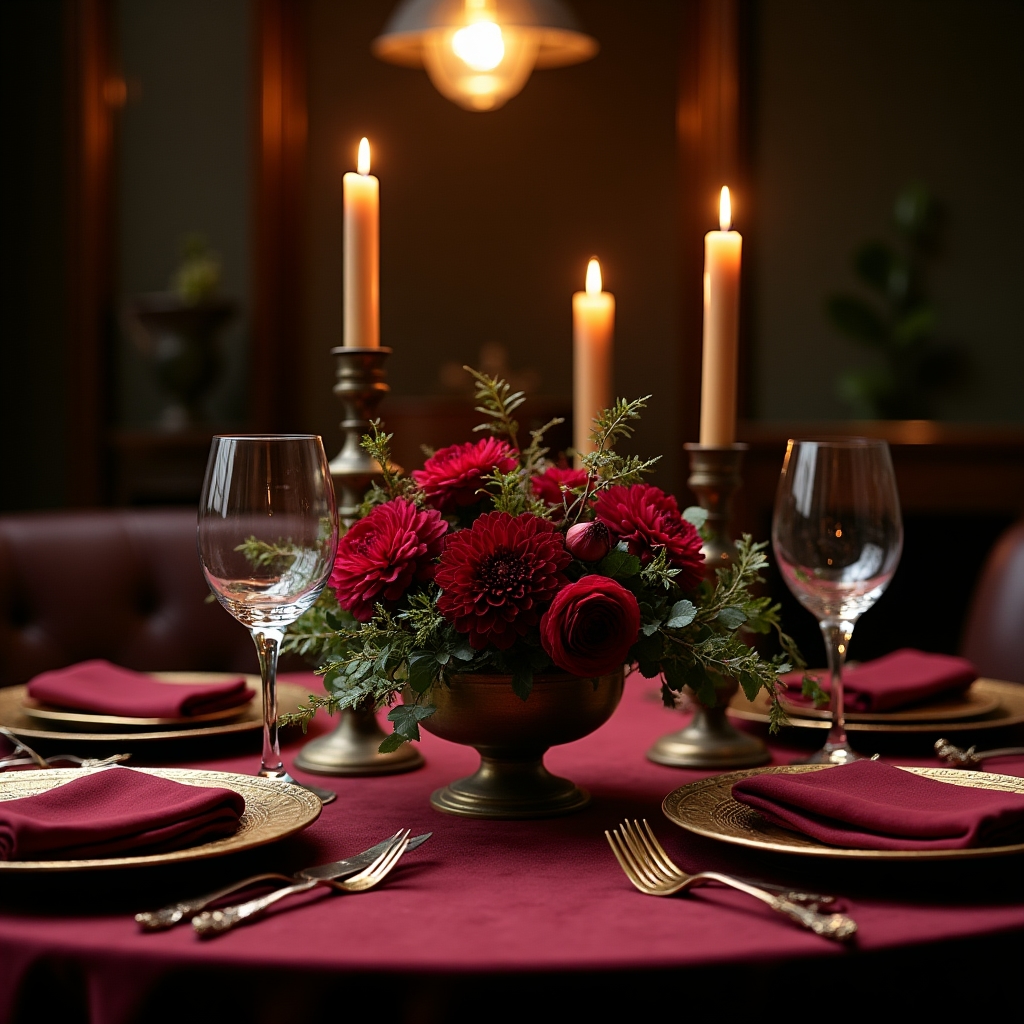 Évfordulós vacsoraasztal romantikus gyertyafényes dekorációval