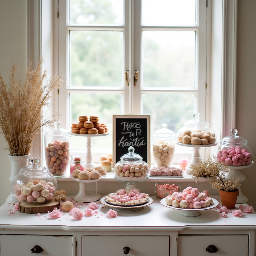 Tematikus candy bar édességpult fehér és arany dekorációval