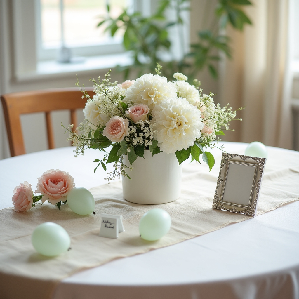 Keresztelői asztaldekoráció pasztell virágokkal