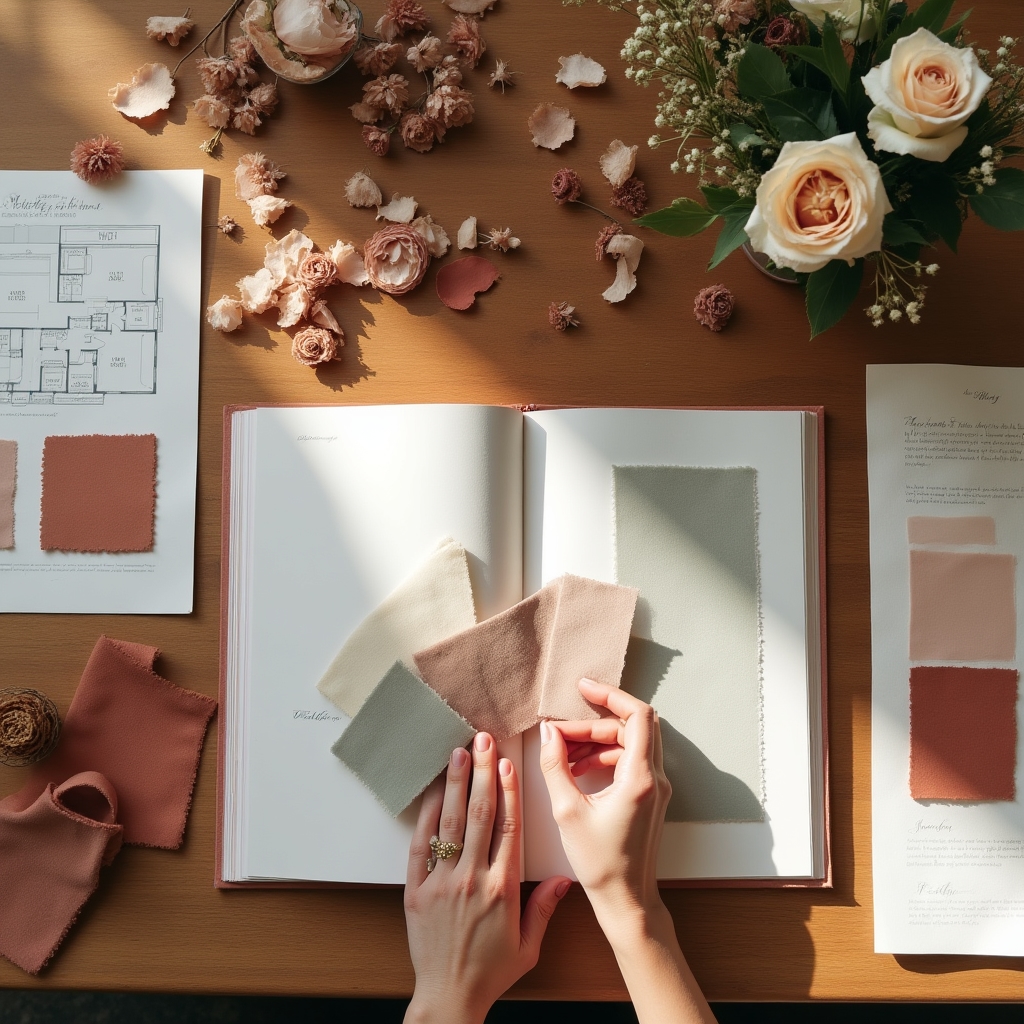 Rendezvényszervezési konzultáció asztal felett virágmintákkal