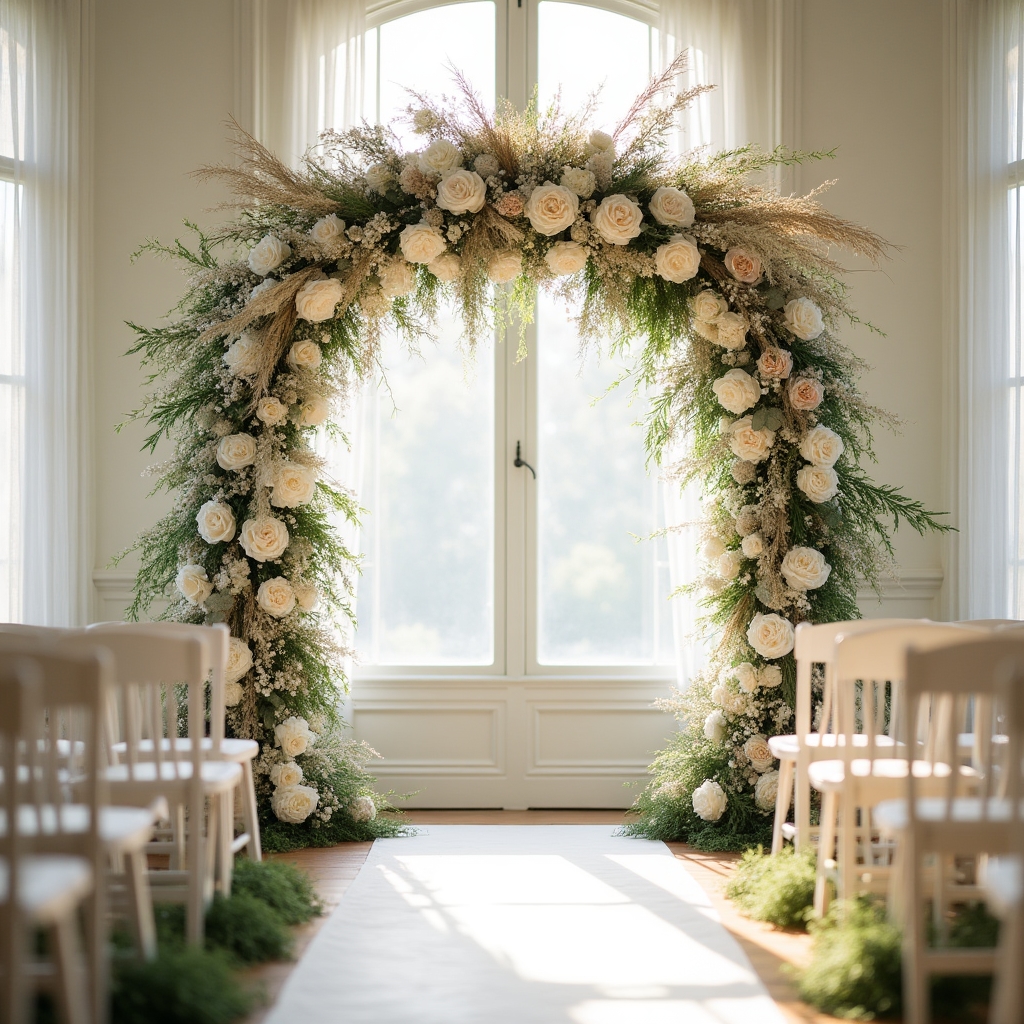 Virágos esküvői ceremónia ív dekorációval